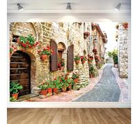 A Street Building Wedding Background Spring Flower Stone Road Background - Suitable for Photography, Festival Party Supplies 210X150cm