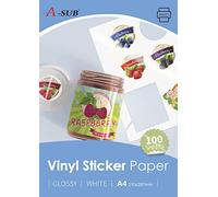 A-SUB White Glossy Premium Waterproof Printable Vinyl Sticker Paper, Self-Adhesive Vinyl Labels for Inkjet Printers, A4 Size, 100 Sheets