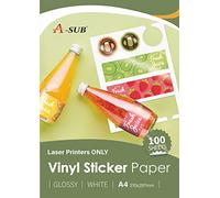 A-SUB White Glossy Premium Waterproof Printable Vinyl Sticker Paper, Self-Adhesive Vinyl Labels for Laser Printers, A4 Size, 100 Sheets