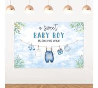 A Sweet Baby Boy is on His Way Backdrop Boy Baby Clothes Baby Shower Photography Background Laundry Blue Greenery Backdrop for Women Baby Shower Gender Reveal Party Supplies 5×3ft