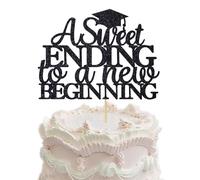 A Sweet Ending To A New Beginning Cake Topper, Black Glitter Graduation Cake Pick for 2025 Congratulations Graduation Party Cake Decorations Supplies