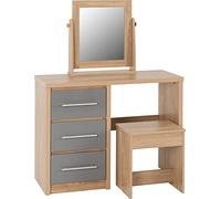 A T Seconique Seville 2 Drawers Dressing Table Set in Grey High Gloss/Light Oak Effect Veneer - Dresser, Stool, Mirror