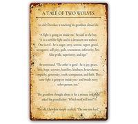 A Tale of Two Wolves Vintage Metal Tin Sign Poster Cherokee Quotes Wall Art Prints Posters for Bathroom Printed Paintings for Office Rectangle Picture Decorations Artwork (12x8inch)