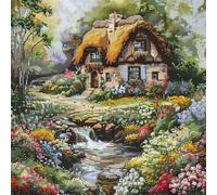 A Thatched Cottage in Flowers and River DIY 11CT Counted Cross Stitch Kits for Beginners Easy Stamped Fabric Embroidery Needlecraft Art Wall Decor 38x38cm(3)