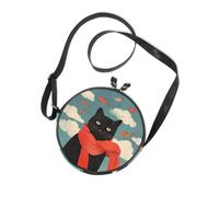 A Thinking Black Cat Round Cute Crossbody Bags Womens Practical with Adjustable Strap Handbags Take a walk Canvas Messenger Purse