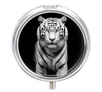 A Tiger Pill Box 3 Compartment Small Pill Case with Mirror for Purse & Pocket Travel Medicine Organizer Daily Medication Container Portable Pillbox Metal Medicine Box Round Meds Case