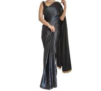 A To Z Cart Women's Satin Silk Solid Plain Saree Shiv Shakti-New, Black, Free Size