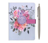 A to Z Telephone Address Book A-Z Index Hard Back Cover with Pen A5 Address Book Home Office Work & Quality Silver Ball Pen Set (Teal Floral Satin)