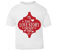 A True Love Story Never Ends (Romantic Quotes for Couples, Anniversary - red Arabesque Style) Short Sleeve Cotton Toddler t Shirt, 1-2 Years, White