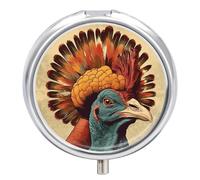 A Turkey Pill Box 3 Compartment Travel Pill Organizer 3 Times A Day Cute Mini Pill Case for Purse & Pocket Portable Metal Medicine Box with Mirror Round Daily Medicine Vitamin Container