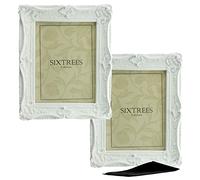 A Twinpack of Sixtrees Chelsea 5-254-68 Ornate Vintage Swept Shabby Chic White 8x6 inch Photo frames - with Microfibre glass cleaning cloth.