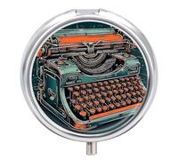A Typewriter Pill Box Dustproof Moistureproof Round Pill Case Portable Travel Small Pill Organizer with 3 Compartments and Mirror