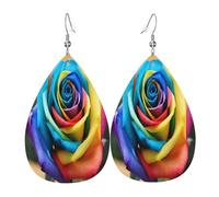 A unique rainbow rose Women's Teardrop Leather Earrings - Lightweight PVC Dangle Earrings, 925 Silver Hooks, Double-Sided Prints | Hypoallergenic Gift