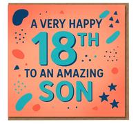 A Very Happy 18th To An Amazing Son Birthday Card - Bold Teal Text on Coral Confetti Design