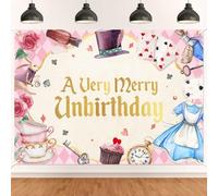 A Very Merry Unbirthday Backdrop - Tea Party Decor, Wonderland Birthday Party Decorations for Girl, Funny Birthday Party Decorations 7x5ft