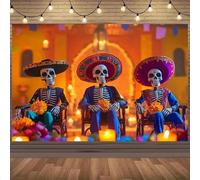 A vibrant 2D backdrop for the Day of the Dead with colorful skeletons, candles, and flowers - Mexican party decoration 350x240CM