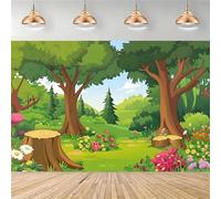A vibrant cartoon forest background banner - jungle trees and colorful flower designs for decoration and parties