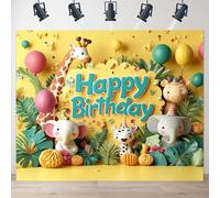 A vibrant "Happy Birthday" animal-themed banner with colorful balloons and giraffe designs 350x240CM