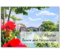 A View of The Old Bridge in Mostar from The Terrace Through Trees, Plants and Flowers., Fridge Magnet