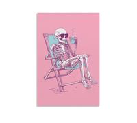 A Vintage-style Illustration of A Skeleton Chilling in A Beach Chair, Wearing Sunglasses And Sipping Coconut Juice, Set Against A Minimalist Solid Pastel Background. Wall Art Mural Modern Decoration H