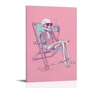 A Vintage-style Illustration of A Skeleton Chilling in A Beach Chair, Wearing Sunglasses And Sipping Coconut Juice, Set Against A Minimalist Solid Pastel Background. Wall Art Mural Modern Decoration H