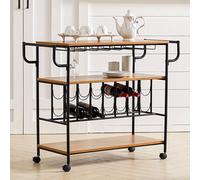 (A) Vintage Wood 2 Tiers Kitchen Serving Trolley with Wine Rack