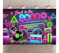 A vivid "Back to the 80s" photography background - neon retro party banner with sound and tape design