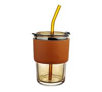 A.W 16 fl.oz Glass Water Cup with Lid Straw Leather Protective Sleeve, Wide Mouth Smoothies Mug Sealed Carry on, Glass Coffee Tumblers Leakproof Insulated for Juices Cocktail Drinks Iced Hot (Amber)