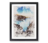 A Waterfall in Iceland Watercolour Framed Print | A2 Black Framed Wall Art | Ready to Hang | Modern Landscape Picture | Living Room Bedroom Lounge Office