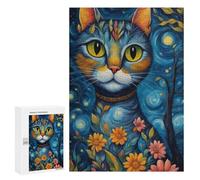 A Whimsical Cat Amidst Vibrant Flowers Under A Starry Night Sky.300 Pieces Pieces animal Classic Wooden Jigsaw Puzzle for Adults