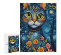 A Whimsical Cat Amidst Vibrant Flowers Under A Starry Night Sky. 500 Pieces Pieces animal Classic Wooden Jigsaw Puzzle for Adults