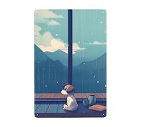 A White Dog Is Watching The Rain Outside Tin Sign Vintage Plaque Tin Funny Hanging Wall Plaque For Shed Bar Pub Kitchen