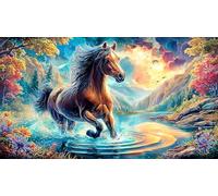A white horse stands by a pond under a golden sky Jigsaw Puzzle 1000 Pieces - Fun Family Activity Great Gift Idea Challenging for Adults 38x52/1000pcs