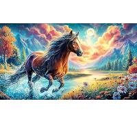 A white horse stands by a pond under a golden sky Jigsaw Puzzle for Adults 1000 Pc - Family Activity Educational Challenge Decompression 38x52/1000pcs