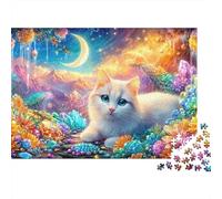 A White Kitten Rests Among Crystals And Glowing Flowers Under A Moon 1000-Piece Jigsaw Puzzle Cute Cat Family Entertainment for Adults & Kids 70x50cm/1000pcs