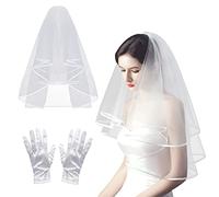 A White Veil 80cm + a Pair of Short White Satin Gloves, Wedding Theme Party Photo Banquet, Wedding Headdress Bridal Veil Tulle and Comb Short Veil Satin Edge