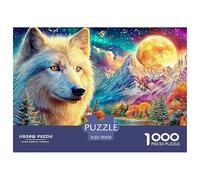 A White Wolf Faces The Viewer; Colorful Mountains, Moon And Aurora behind 1000-Piece Jigsaw Puzzle Enchanted Spirit Wolf - Classic Educational Game for Family Puzzle Time 70x50cm/1000pcs