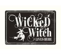 A Wicked Witch Lives Here - 8x12 Inch Halloween Sign Black Retro Metal Tin Sign Funny Home Farm Bathroom Bar Art Wall Decor Bedroom Cafe Garage Posters