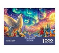 A Winged White Wolf Howls Under Auroras, with A Glowing Village And River 1000 Piece Jigsaw Puzzle Enchanted Spirit Wolf - Classic Jigsaw Puzzles for Kids & Adults 52x38cm/1000pcs