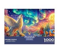A Winged White Wolf Howls Under Auroras, with A Glowing Village And River 1000-Piece Jigsaw Puzzle Enchanted Spirit Wolf - Family Game Night Essential, Adults & Kids 38x26cm/1000pcs