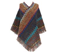 A Winter 2024 Retro Ethnic Knit Poncho with Fringed Hem - Ladies Knitted Shawl and Wrap - Autumn Crochet Cape - Long Sweater Top for Christmas Holiday Festival (One Size)