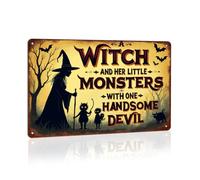 A Witch and Her Little Monsters Vintage Halloween Metal Tin Sign Wall Decor for Halloween Parties, Farmhouse Kitchens, Rustic Living Rooms, and Gothic Bedrooms Decorative Signs & Plaques 8x12 Inch