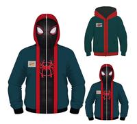 (A with Mask, 8-11Years) Spiderman Into the Spider Verse Miles Morales Kids Boy Zipper Hooded Coat Cosplay Halloween Jacket Long Sleeve Outerwear
