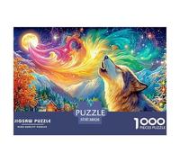 A Wolf Howls at A Moon, Surrounded by Colorful, Festive Scenery 1000-Piece Jigsaw Puzzle Enchanted Spirit Wolf - Family Entertainment for Adults & Kids 38x26cm/1000pcs