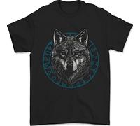 A Wolf in Viking Symbols Text Valhalla Mens T-Shirt 100% Cotton Black M