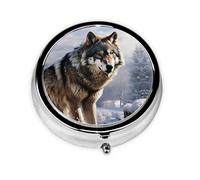 A Wolf Standing in a Snow-Covered Area Pill Box Metal Round Small Pill Case Cute 3 Compartment Pill Organizer Portable Travel Pillbox Mini Pill Container Holder for Daily Medicine Supplement Vitamin