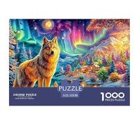 A Wolf Stands by A Lake, with Auroras And Glowing Mountain Scenery 1000-Piece Jigsaw Puzzle Enchanted Spirit Wolf - Great for Game Nights, Adults & Kids 52x38cm/1000pcs