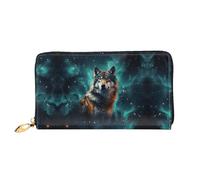 A wolf stands in front of the starry sky Leather Wallet for Women Long Coin Purse Ultra Slim Credit Cards Holder Bifold Clutch