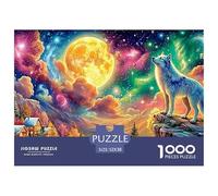 A Wolf Stands on A Cliff by A Moonlit Village 1000 Piece Jigsaw Puzzle Enchanted Spirit Wolf - Brainteasing Fun for Adults & Kids 52x38cm/1000pcs