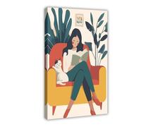 A Woman And A Cat Enjoying A Comfortable Read Canvas Poster Wall Art Decor Print Picture Paintings for Living Room Bedroom Decoration 20x30inch(50x75cm)
